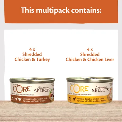 Multipack includes 4 cans of shredded chicken and turkey, and 4 cans of shredded chicken and chicken liver. Both are boneless chicken entrées in sauce.