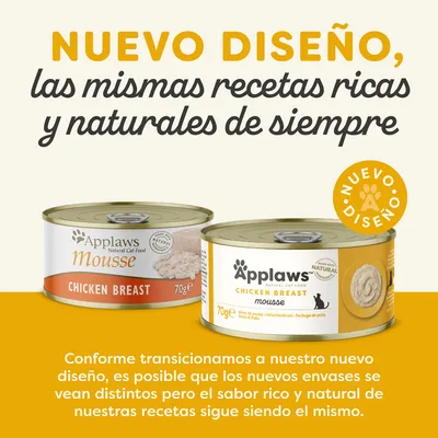 Texto: NUEVO DISEÑO, las mismas recetas ricas y naturales de siempre. Applaws Mousse Chicken Breast 70g. Nuevo diseño, el sabor sigue siendo el mismo.