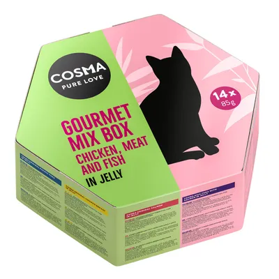 COSMA PURE LOVE Gourmet Mix Box, Chicken, Meat and Fish in Jelly, 14 x 85 g kissalle. Pakkauksessa musta kissasiluetti ja tuotetiedot englanniksi.