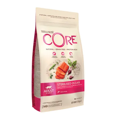 Bag labelled Wellness Core Sterilised Ocean, natural, grain free, protein-rich, with fresh fish, prebiotics, probiotics, hairball control, for adult sterilised cats, salmon recipe, 1.75kg.