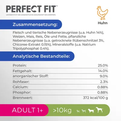 Perfect Fit Huhn. Zusammensetzung: Fleisch und tierische Nebenerzeugnisse (u.a. Huhn 14%), pflanzliche Nebenerzeugnisse, Mineralstoffe. Analytische Bestandteile: Protein 25%, Fettgehalt 14%.