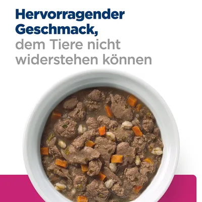 Hervorragender Geschmack, dem Tiere nicht widerstehen können. Schüssel mit Fleischstücken, Karotten und Getreide in Sosse.