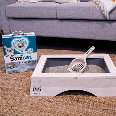 Sanicat Strong Clumps Katzenstreu mit Sauerstoff-Technologie, Verpackung neben Holz-Katzentoilette mit Streuschaufel und Klumpen.