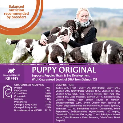 Puppy Original for small-medium breeds. Supports brain and eye development with DHA from salmon oil. Guaranteed analysis and full composition list shown, including protein, fat, fibre and ingredients.