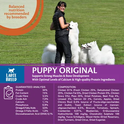 Karma dla szczeniąt dużych ras Puppy Original. Skład: białko 34 %, tłuszcz 15 %, włókno 3,5 %, popiół 7 %, wapń 1 %, fosfor 0,9 %, omega-6 1,5 %, omega-3 1 %, DHA 0,1 %.