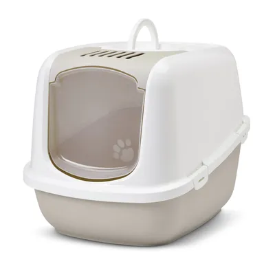 Zatvoreni WC za mačke s bijelim poklopcem, bež donjim dijelom i prozirnim kliznim vratima s motivom šape. Vidljiva ručka na vrhu i ventilacijski otvori.