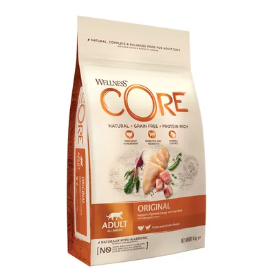 Wellness Core Original adult food, natural, grain free, protein-rich, with fresh meat as main ingredient, prebiotics and probiotics, hairball control, turkey and chicken recipe, 4kg bag.