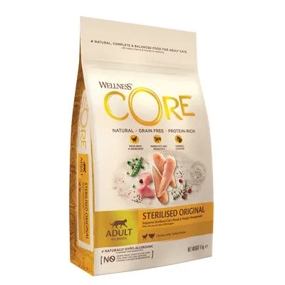 Wellness Core Sterilised Original, natural grain free protein-rich food for adult cats. Features fresh meat as main ingredient, prebiotics and probiotics, hairball control, hypo-allergenic.