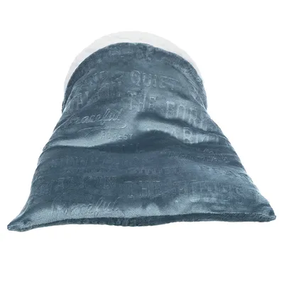 Soft blue cushion with embossed English words such as 'peaceful', 'quiet' and 'forest'.