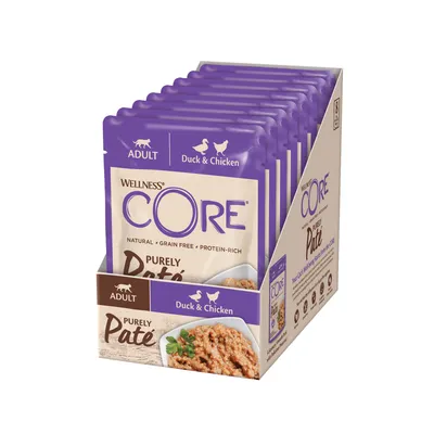 Box of Wellness CORE Purely Paté adult food pouches, duck and chicken flavour, natural, grain free, protein-rich.