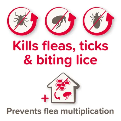 Kills fleas, ticks and biting lice. Prevents flea multiplication.