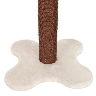 Pied d’arbre à chat avec base en tissu beige et poteau recouvert de corde marron, matériaux visibles : tissu et corde.
