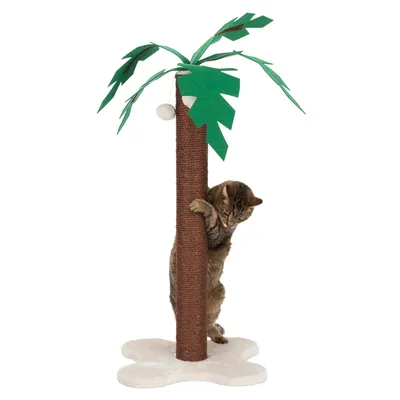 Arbre à chat en forme de palmier avec tronc recouvert de corde, feuilles vertes en feutrine et base blanche, un chat grimpe sur le tronc, balle suspendue visible.