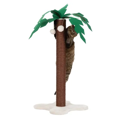 Arbre à chat en forme de palmier avec tronc recouvert de sisal, feuilles vertes en tissu et deux boules suspendues, chat tigré accroché au tronc. Socle beige visible.