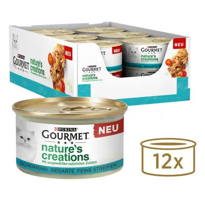 Lot de 12 boîtes Purina Gourmet nature's creations, texte visible : NEU, Schonend gegarte feine Streifen, image d’un chat blanc sur l’emballage.