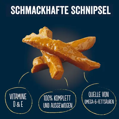 Bucăți gustoase cu vitaminele D și E, 100% complet și echilibrat, sursă de acizi grași Omega-6.