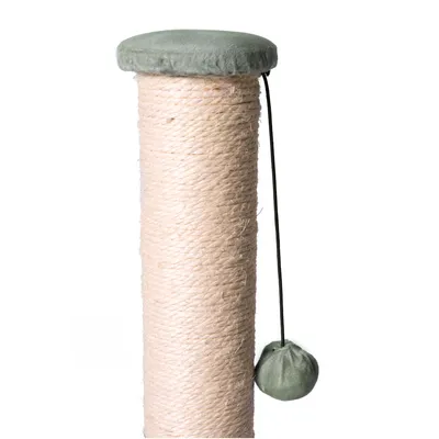 Scratching post made of sisal with green fabric cover on top and hanging play ball on string.