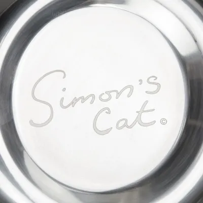 Stainless steel bowl with engraved 'Simon's Cat' lettering.