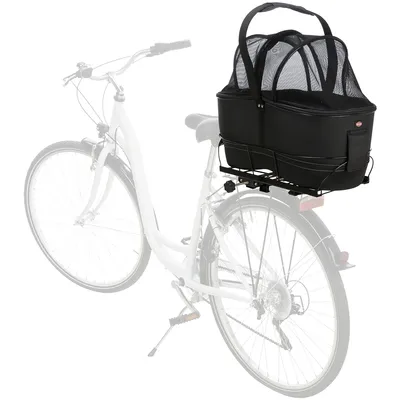 Schwarze Fahrrad-Transporttasche mit Netzabdeckung, montiert auf einem Gepäckträger eines weissen Fahrrads. Geeignet für sicheren Transport kleiner Tiere.