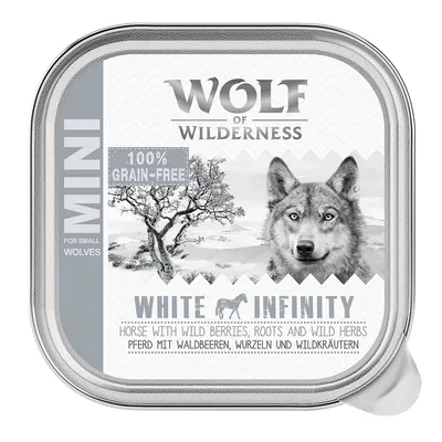 Корм Wolf of Wilderness MINI White Infinity, 100% grain-free, horse with wild berries, roots and wild herbs. Для маленьких собак. Текст на английском и немецком языках.