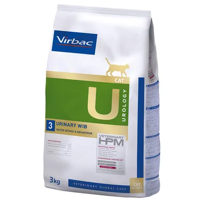 Sac hrană uscată pentru pisici Virbac Urology Cat 3 Urinary WIB, 3 kg. Text vizibil: Veterinary HPM, Water Intake & Behaviour, profil nutrițional și indicații dietetice pe ambalaj.