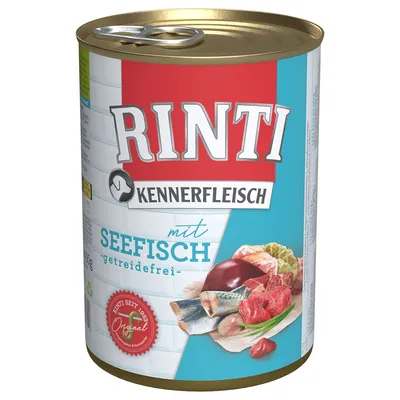 Rinti Kennerfleisch med havfisk, kornfri. Dåse med billede af fisk og kødstykker. Rinti siden 1983 Original.