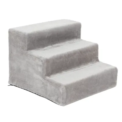 Graue Treppe mit drei Stufen, gepolstert und mit weichem Stoff bezogen.