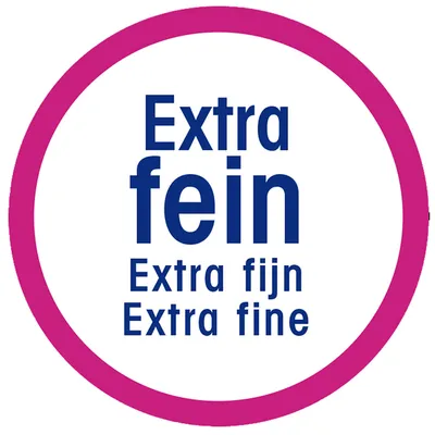 Extra fin. Text på tre språk: tyska, nederländska och engelska.
