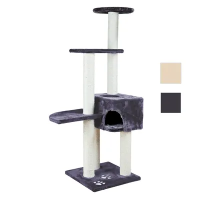 Klatremiljø til kat med tre platforme, en hule og fire sisalbeklædte stolper. Synlige farver: beige og mørkegrå. Poteaftryk på bunden.