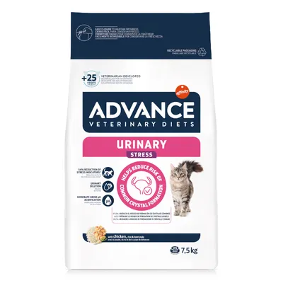 Advance Veterinary Diets Urinary Stress, karma dla kotów, 7,5 kg. Widoczny kot, tekst: helps reduce risk of common crystal formation, with chicken, rice & beet pulp.