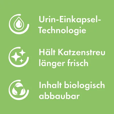 Urin-Einkapsel-Technologie, hält Katzenstreu länger frisch, Inhalt biologisch abbaubar.