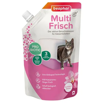 beaphar Multi Frisch, confezione con scritte in tedesco, immagine di un gatto vicino a una lettiera, indicazioni: PRO BIOTIC, 3 FACH FUNKTION, Mikro Biom, Orchideen Zauber.