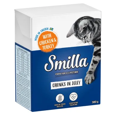Smilla Chunks in Jelly, 380 g, recette sans céréales, contient de la taurine, made in Sweden with chicken & turkey, alimentation pour chat. Tableau d’alimentation visible sur le côté.