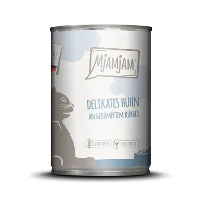 Mjamjam Delikates Huhn an gedämpftem Kürbis, getreidefrei, viel Fleisch. Blik kattenvoer met afbeelding van kat en Duitse vlag zichtbaar op het etiket.