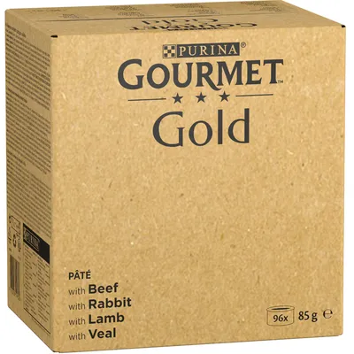 Purina Gourmet Gold Pâté, varietà: manzo, coniglio, agnello, vitello. Confezione: 96x85g.