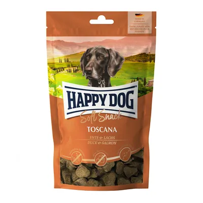 Emballage Happy Dog Soft Snack Toscana, visible : canard et saumon, Made in Germany, sans conservateurs ajoutés, friandises molles pour chien, sachet refermable transparent en bas.