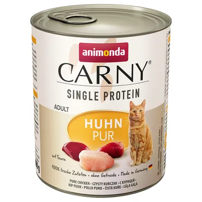 Scatola Animonda Carny Single Protein Adult Huhn Pur, pollo puro, con immagine di gatto e pezzi di carne, testo: 100% ingredienti freschi, senza cereali, made in Germany.