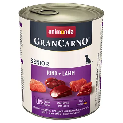 Animonda GranCarno Senior Rind + Lamm, 100% frische Zutaten, bez glutenu i zbóż, Made in Germany. Wołowina i jagnięcina. Widoczne kawałki mięsa na etykiecie.