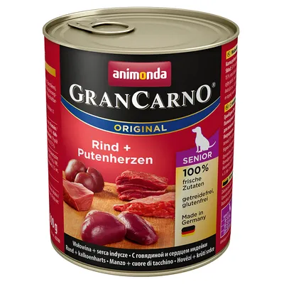 Κονσέρβα animonda GranCarno Original Rind + Putenherzen, SENIOR, 100% φρέσκα συστατικά, χωρίς δημητριακά και γλουτένη, Made in Germany. Εικόνα με κομμάτια κρέατος και καρδιές γαλοπούλας.