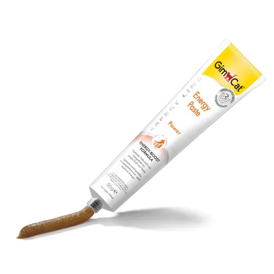 GimCat Energy Paste, Expert Line, Power, Energyboost Formula maksimaaliseen energiaan, eläinlääkärien kehittämä, 50 g tuubi avattu kärki ja näkyvä tahna.