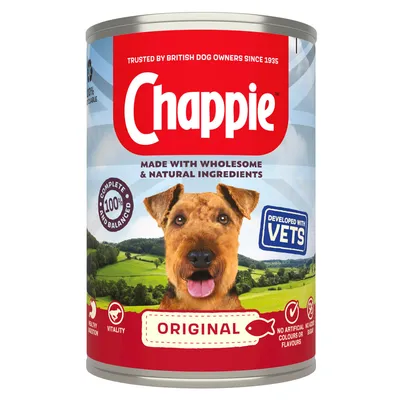 Chappie Original, made with wholesome and natural ingredients, complete and balanced, developed with vets, no artificial colours or flavours, no added sugar.