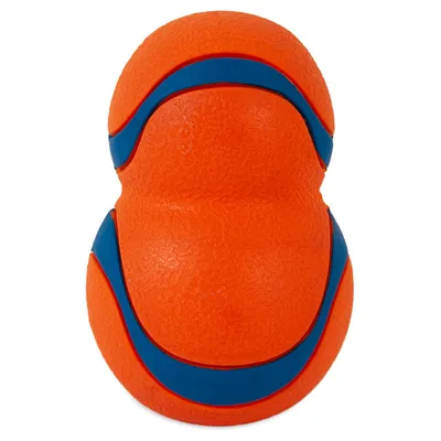 Orange toy with blue accents, textured surface and ergonomic design.