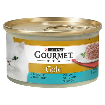 Purina Gourmet Gold cat food can with tuna, golden packaging, image of a white cat and served food.