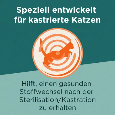 Speziell entwickelt für kastrierte Katzen. Hilft, einen gesunden Stoffwechsel nach der Sterilisation/Kastration zu erhalten.