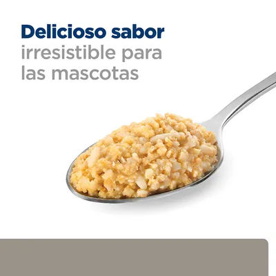 Cucharada de comida húmeda para mascotas con texto: Delicioso sabor irresistible para las mascotas.