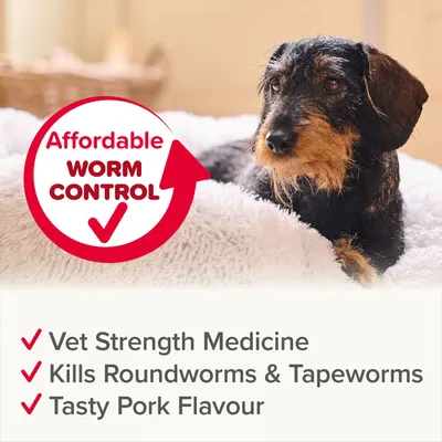 Affordable worm control. Vet strength medicine. Kills roundworms and tapeworms. Tasty pork flavour.