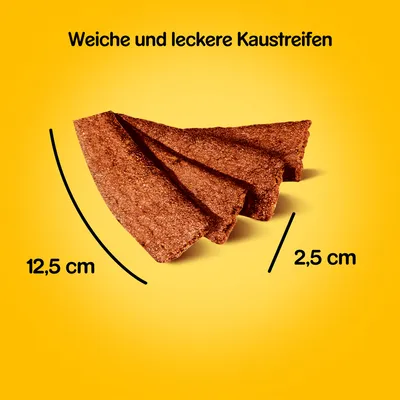 Batoane de ros cu text în germană „Weiche und leckere Kaustreifen”, dimensiuni vizibile: 12,5 cm lungime și 2,5 cm lățime.