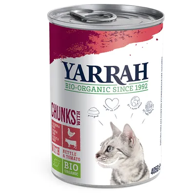 Yarrah Bio-Organic Since 1992 kissan märkäruoka, paloja kanasta ja naudasta, nokkosta ja tomaattia, BIO ORGANIC -merkintä, tölkin koko 405 g