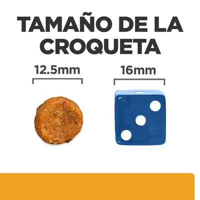 Tamaño de la croqueta: 12,5 mm comparado con un dado azul de 16 mm. Texto visible: 'TAMAÑO DE LA CROQUETA', '12.5 mm', '16 mm'.
