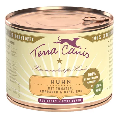 Terra Canis Huhn koiran märkäruoka, kanaa, tomaatteja, amaranttia ja basilikaa. Gluteeniton, viljaton. 100 % Lebensmittel-Qualität, 100 % Natur. Saksankielinen etiketti.